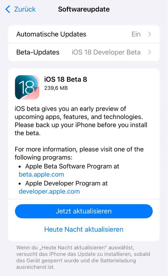 中堂镇苹果手机维修分享苹果 iOS / iPadOS 18 开发者预览版 Beta 8 发布 